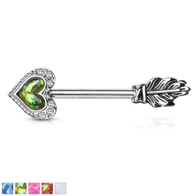 Opal Heart Arrow Nipple Barbell 14g
