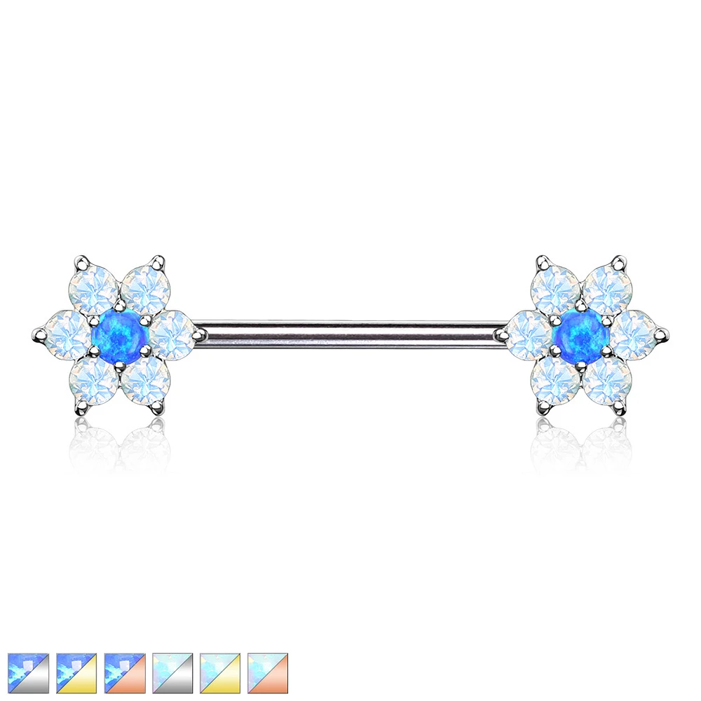 Two-Tone Opal Flower Nipple Barbell 14g