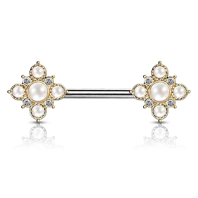 4 Point Pearl + Crystal Nipple Barbell 14g