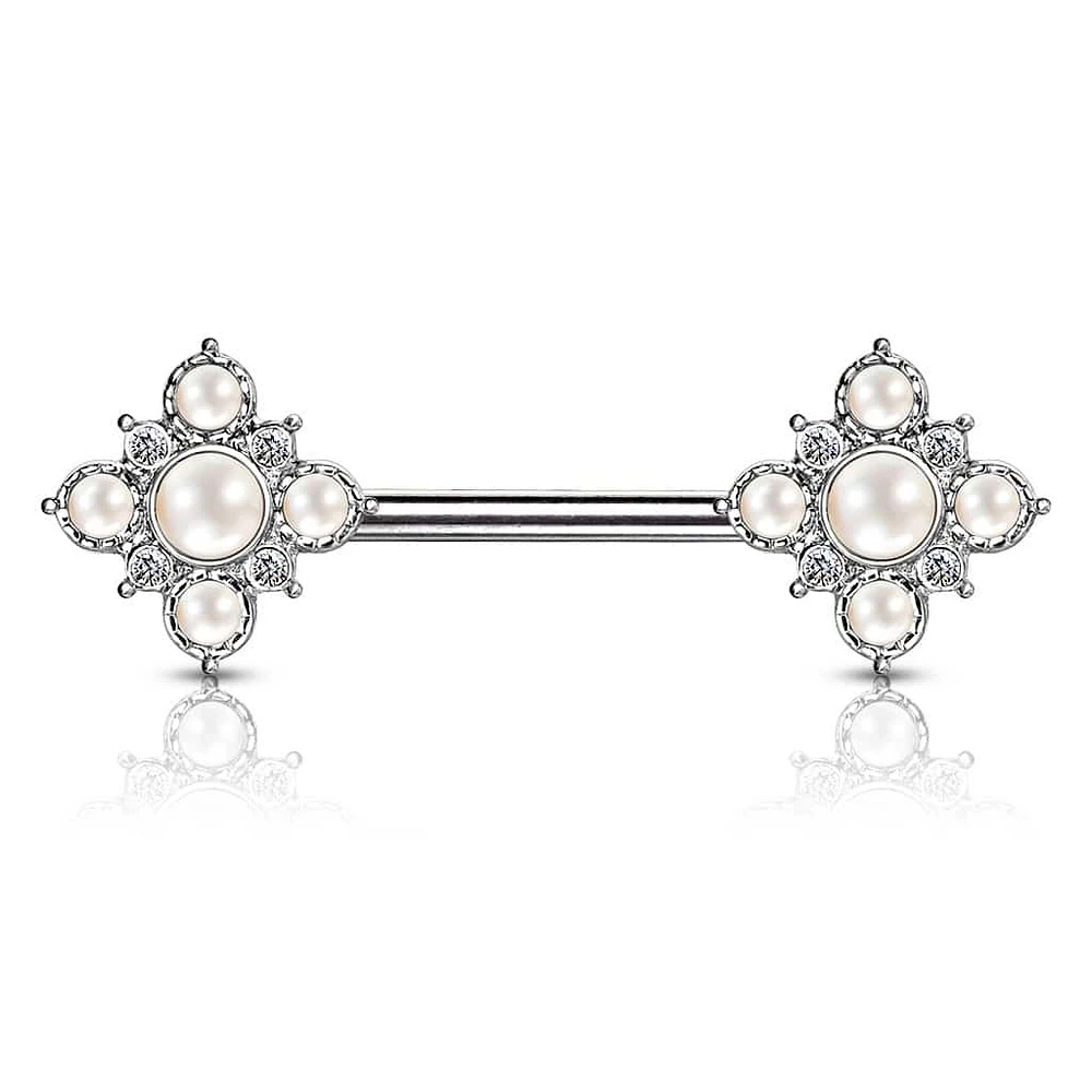 4 Point Pearl + Crystal Nipple Barbell 14g