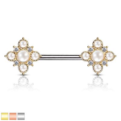 4 Point Pearl + Crystal Nipple Barbell 14g