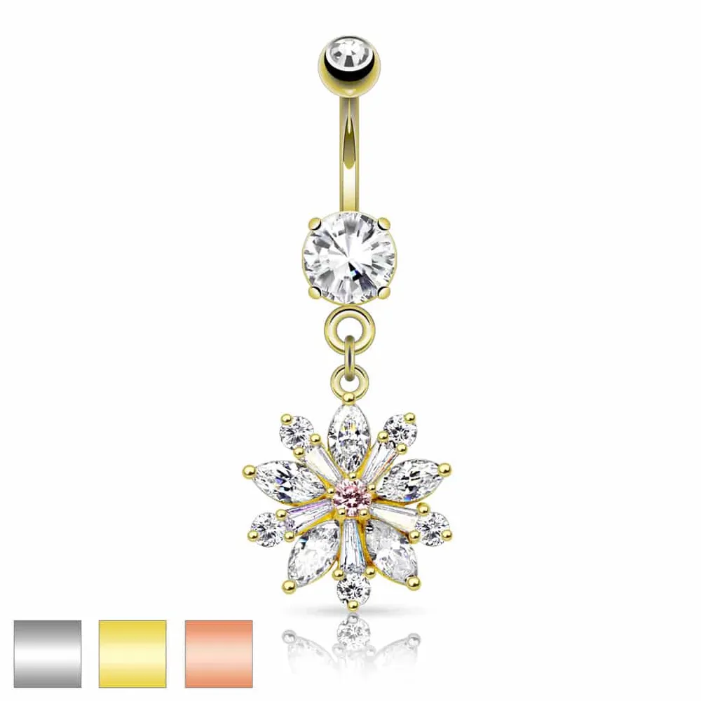 Pink Centre Flower Dangle Belly Button Ring 14g