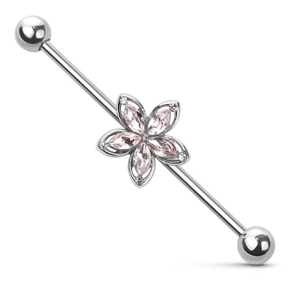 PREMIUM Crystal Flower Industrial Barbell 14g