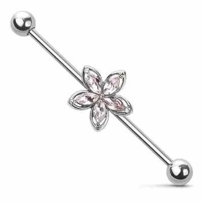 PREMIUM Crystal Flower Industrial Barbell 14g