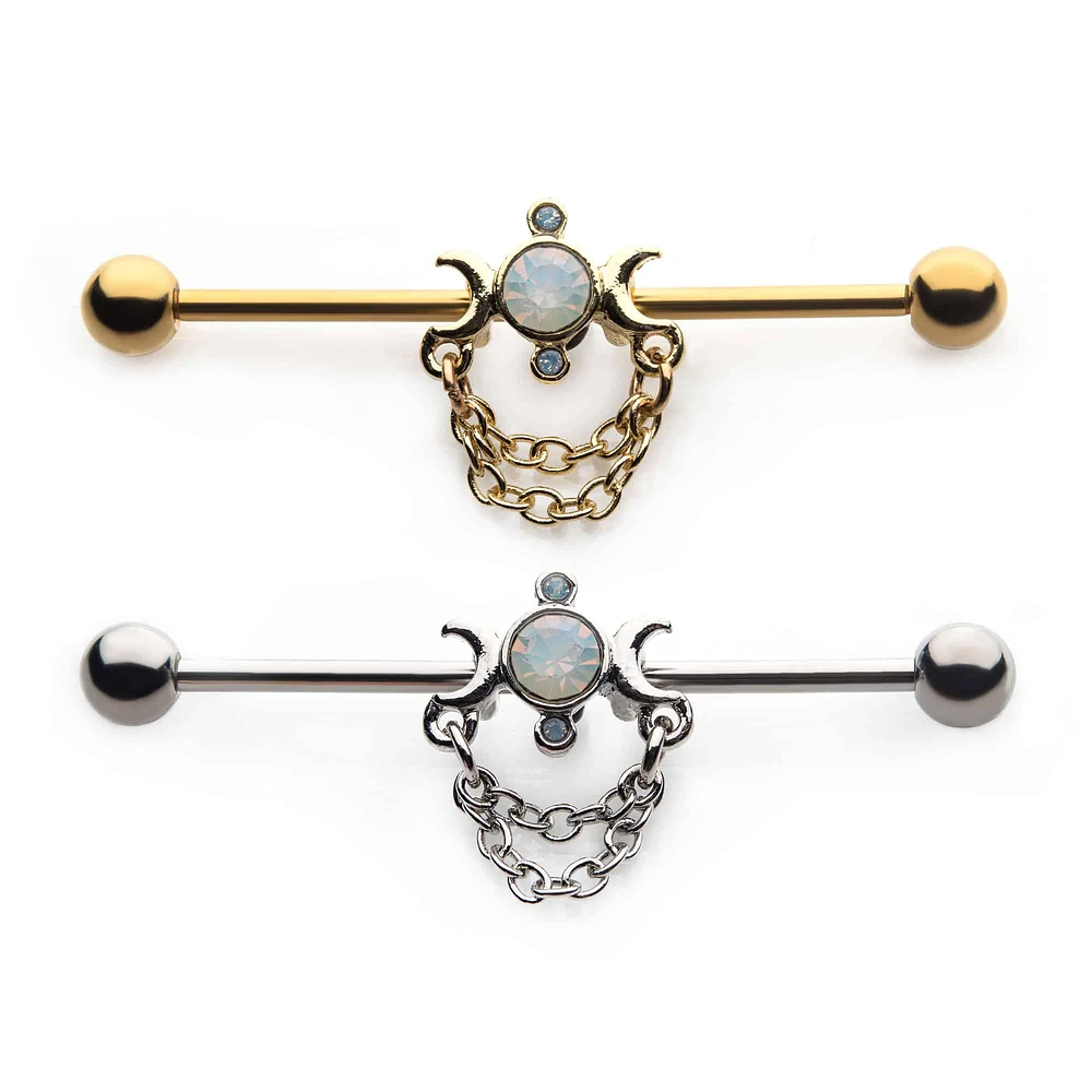 PREMIUM Tri-Moon + Chain Industrial Barbell 14g