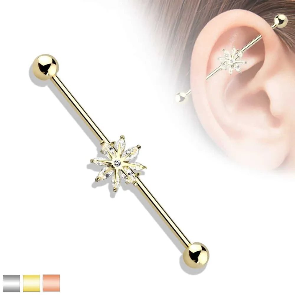 PREMIUM Crystal Sunburst Flower Industrial Barbell 14g