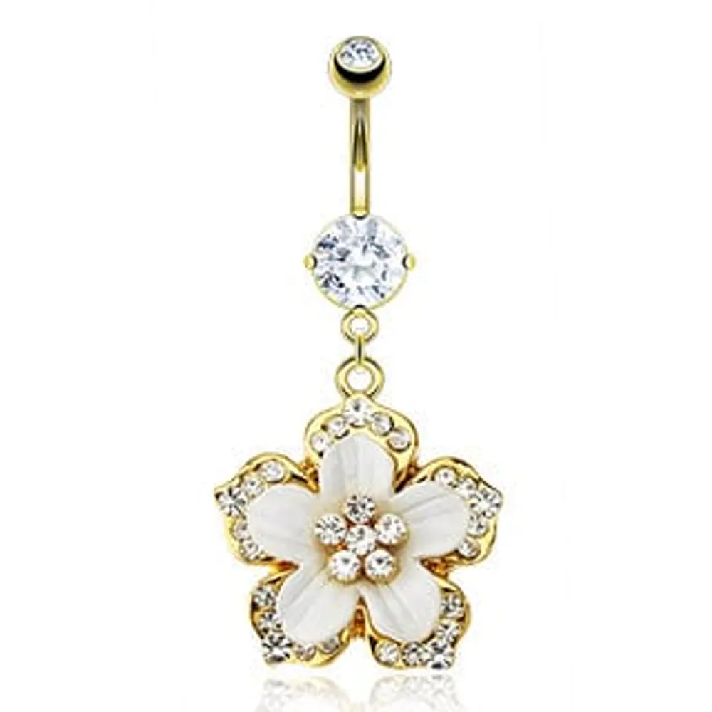 White and Gold PVD Flower Belly Dangle 14g