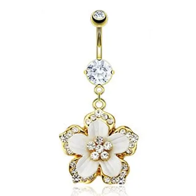 Gold PVD White Flower Navel Dangle 14g