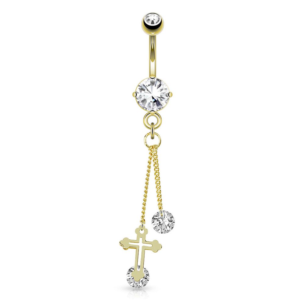 Cross and Chain Gold PVD Navel Dangle 14g