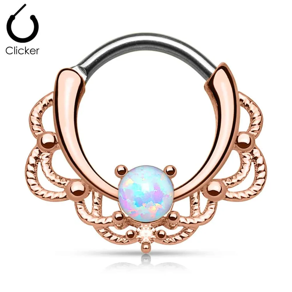 Rose Gold Filigree Claw-Set Opal Clicker 16g