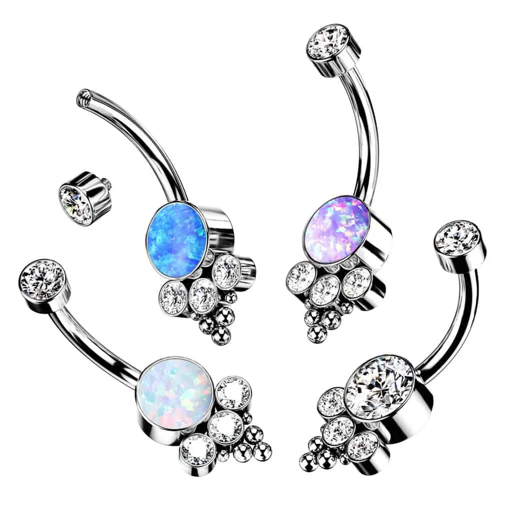 PREMIUM Titanium Dotwork Opal + Crystal Navel Barbell 14g