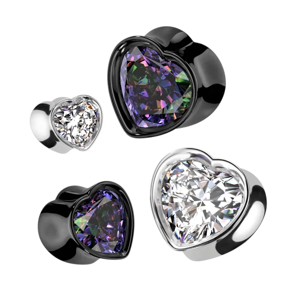 Bezel-Set Heart Bling Plugs 0g-1/2″