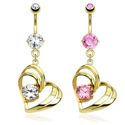 Gold PVD Crystal Heart Navel Dangle 14g