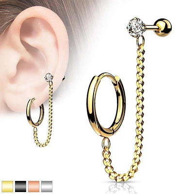 Surgical Steel Crystal Cartilage Stud + Chain Earrings