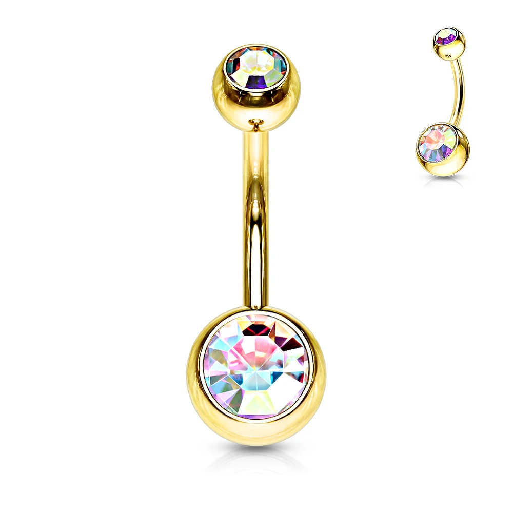 Gold PVD Double Crystal Navel Barbell 14g