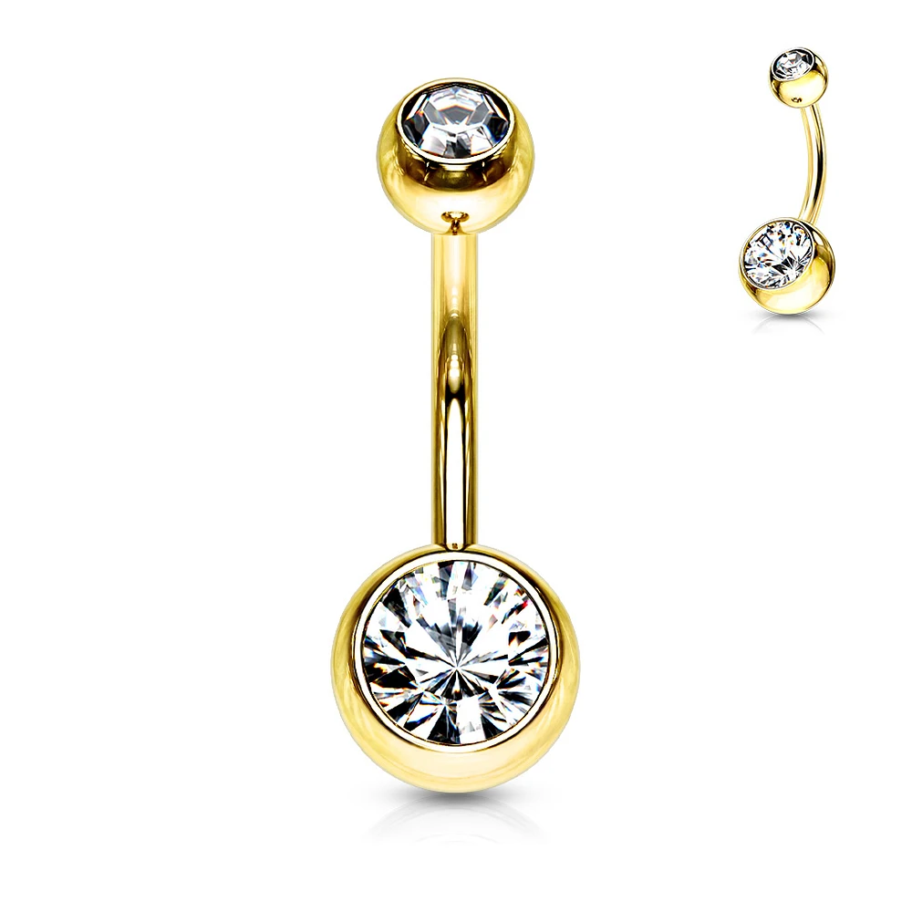 Gold PVD Double Crystal Navel Barbell 14g