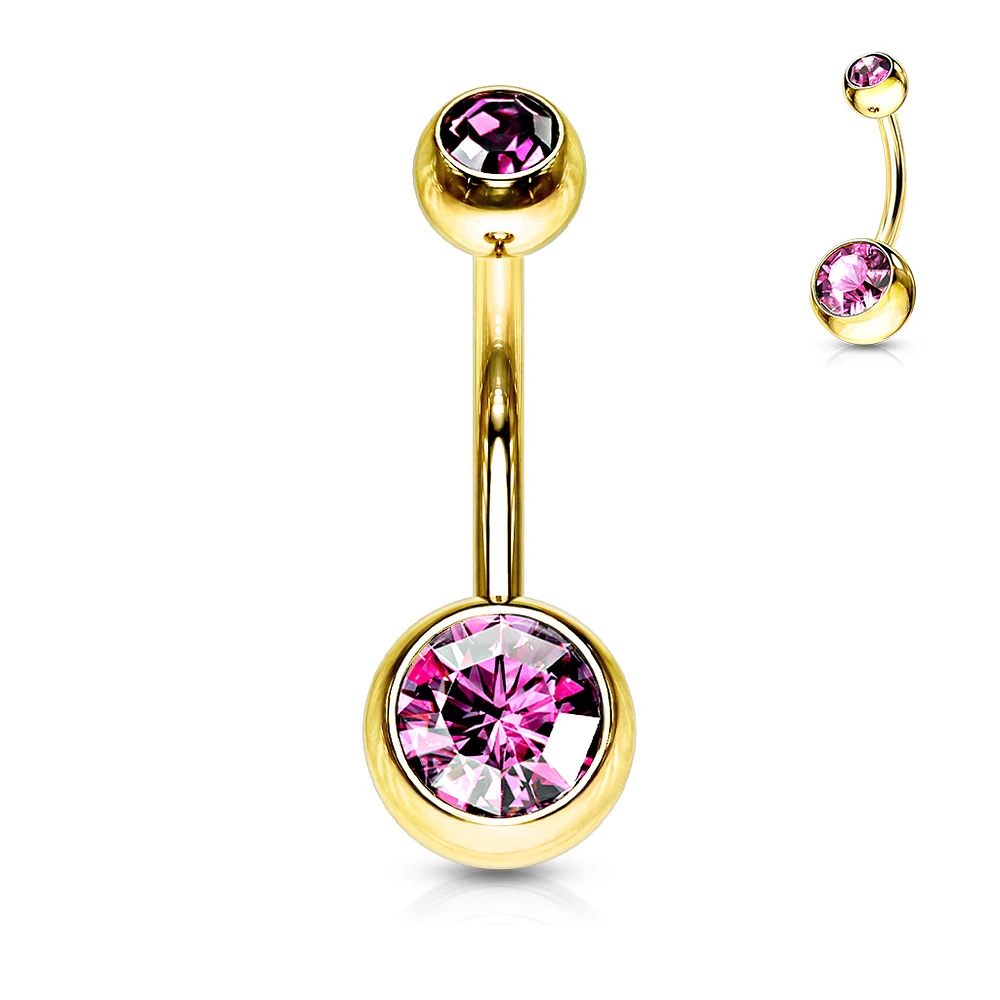 Gold PVD Double Crystal Navel Barbell 14g