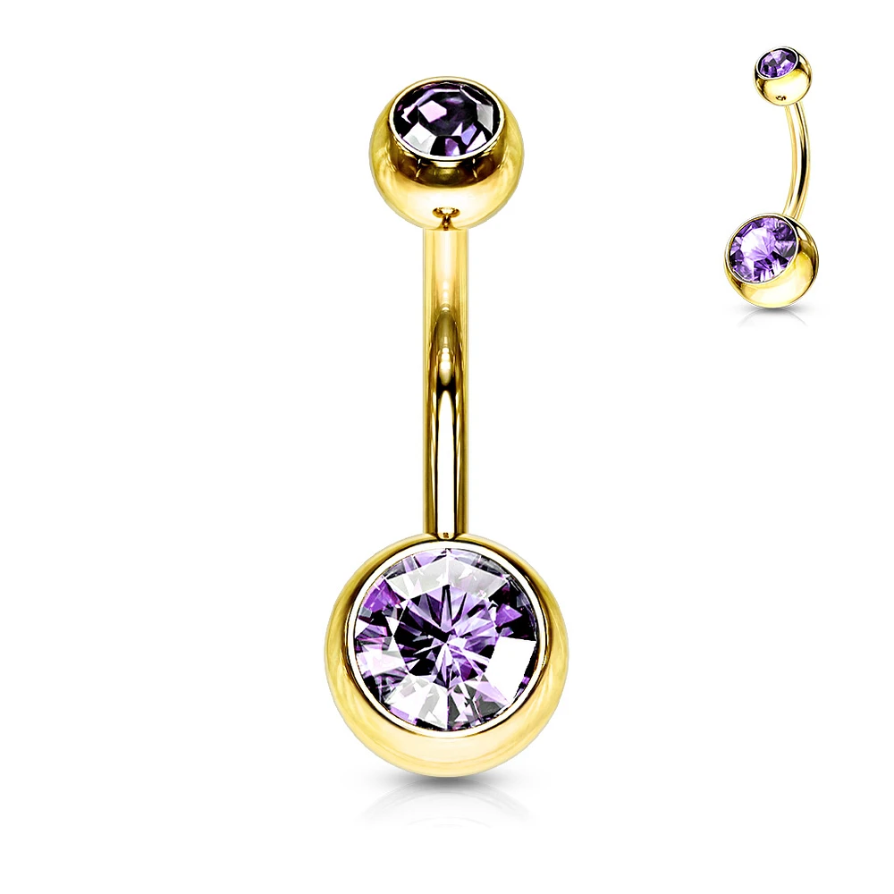 Gold PVD Double Crystal Navel Barbell 14g