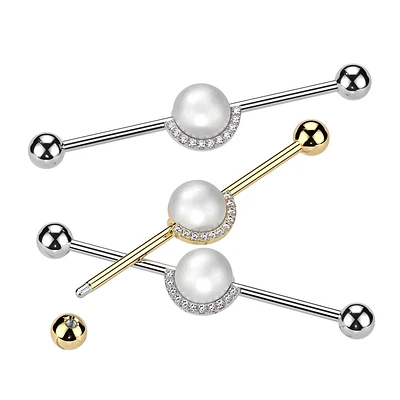 PREMIUM Pearl + Channel-Set Crystals Industrial Barbell 14g