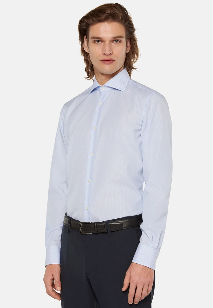 Camisa De Rayas Celestes Algodón Slim Fit