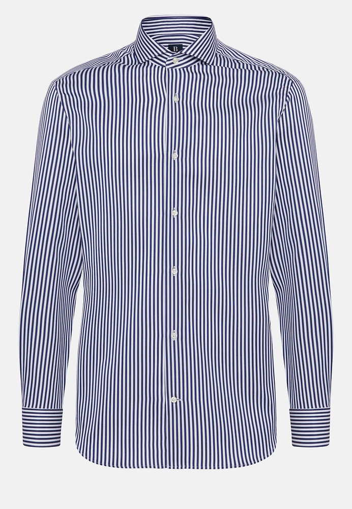 Camisa De Rayas Azul Sarga Algodón Corte Slim