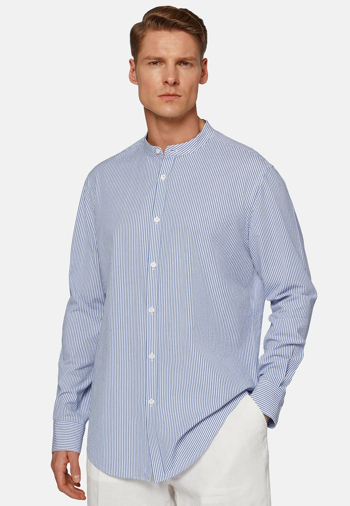 Camisa De Rayas Celestes Seersucker Corte Regular