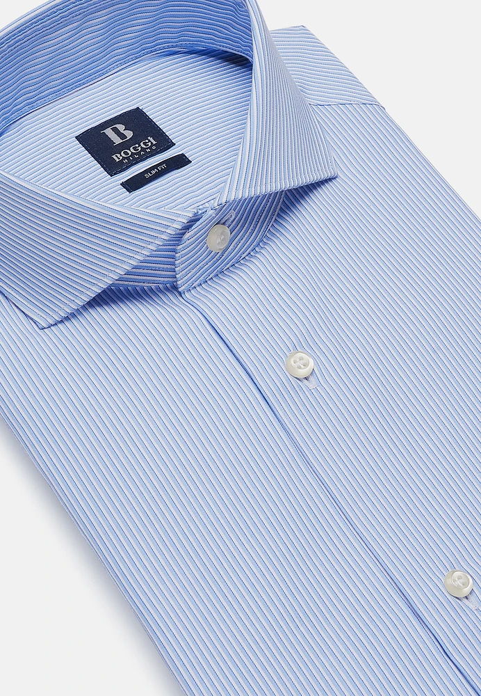 Camisa De Rayas Celestes Algodón Dobby Slim Fit