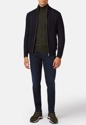 Pull Full Zip Bleu Marine En Laine Mérinos
