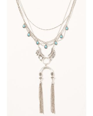Shyanne Women's Turquoise Pendant & Silver Layered Leaf Fringe Statement Necklace