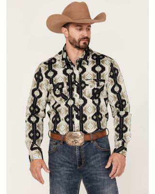 Rock & Roll Denim Men's Vertical Olive Southwestern Print Long Sleeve Snap Western Shirt