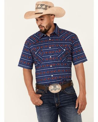 Rough Stock By Panhandle Men's Indigo Southwestern Stripe Short Sleeve Snap Western Shirt