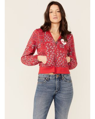 Wrangler Women's Bandana Print Red Crop Zip Hooded Jacket