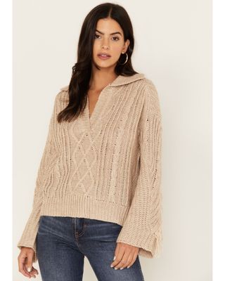Revel Women's Cable Knit Collared Fringe Sweater