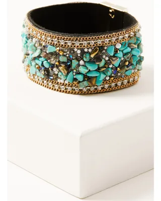 Prime Time Jewelry Women's Gold Chain Rhinestone Turquoise Beaded Cuff Bracelet