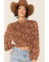 Lush Women's Brown Floral High Neck Long Sleeve Blouse