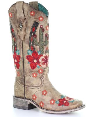 Corral Women's Cactus Floral Embroidery Overlay Western Boots - Square Toe