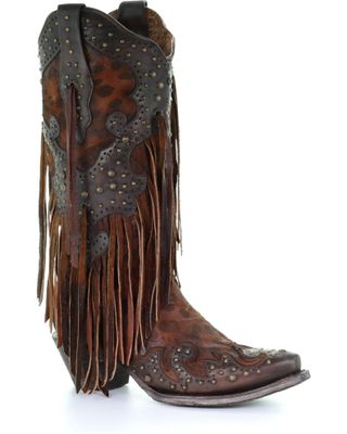 Corral Women's Leopard Stud & Fringe Western Boots - Snip Toe