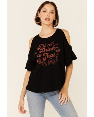 White Crow Women's I'll Drink To That Graphic Short Sleeve Cold Shoulder Top