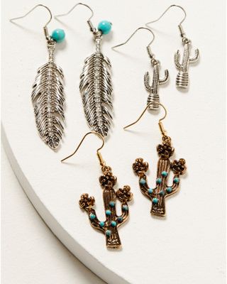 Shyanne Women's Feather & Cactus Bead Earrings Set - 3-Piece