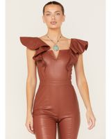 Flying Tomato Women's Faux Leather Flare Jumpsuit