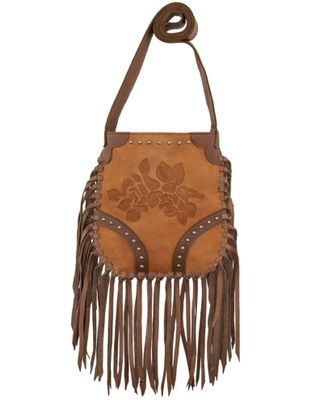 American West Women's Floral Tooled Fringe Crossbody Bag