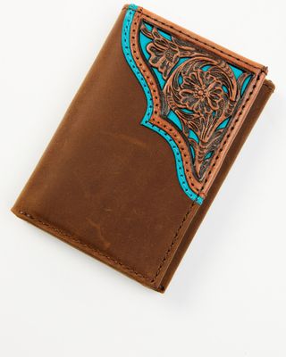 Cody James Men's Turquoise Underlay & Brown Tooled Trifold Wallet