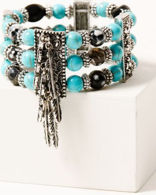 Shyanne Women's Silver Fringe & Turquoise Beaded Multilayered Stretch Cuff Bracelet