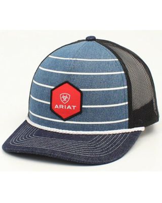 Ariat Men's Striped Denim Shield Logo Patch Mesh-Back Ball Cap