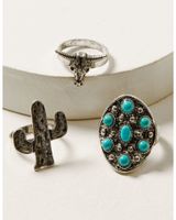 Shyanne Women's Silver & Turquoise Cactus Longhorn 3-Piece Ring Set