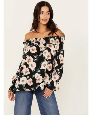 Wild Moss Women's Long Sleeve Off The Shoulder Floral Top