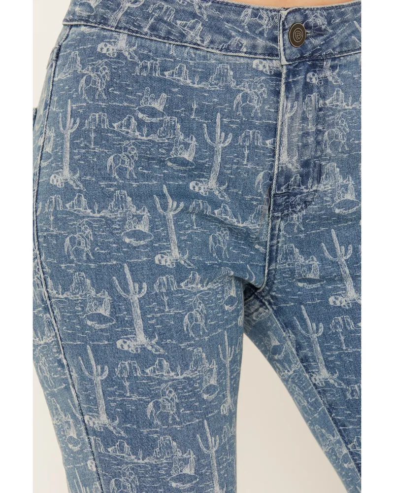 Rock & Roll Denim Women's Medium Wash High Rise Desert Print Bargain Flare  Jeans