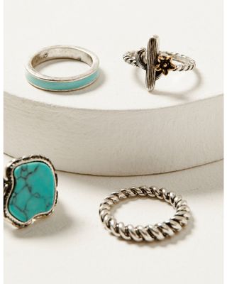 Shyanne Women's Cactus Flower Turquoise Stone Ring Set - 4-Piece
