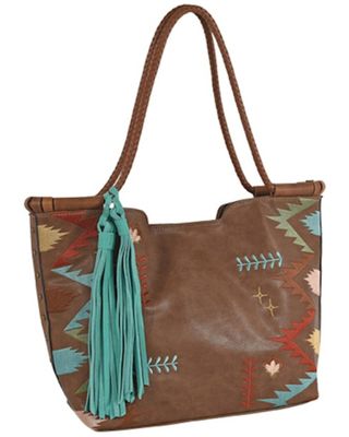 Catchfly Women's Brown Multicolored Embroidered Tote Bag