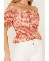Wild Moss Women's Floral Gingham Print Puff Sleeve Crop Top